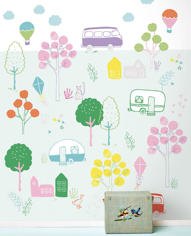 Road Trip Multicolor Wall Mural with Kids Graphic Nature Motif - Eijffinger EJ359170