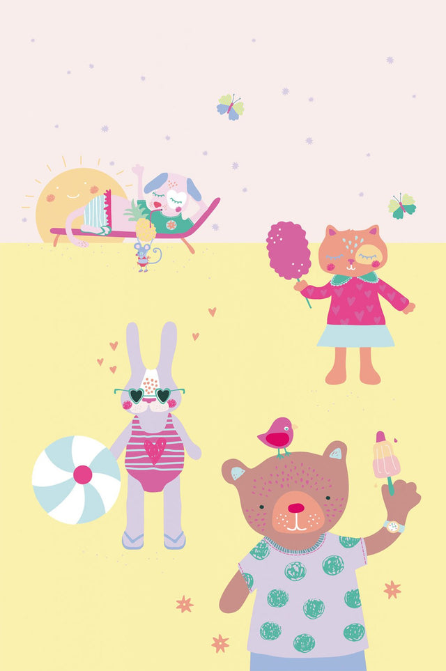 Girls On Holiday Pastel Yellow Kids Wall Mural with Cartoon Animal Beach Scene - Eijffinger EJ359171