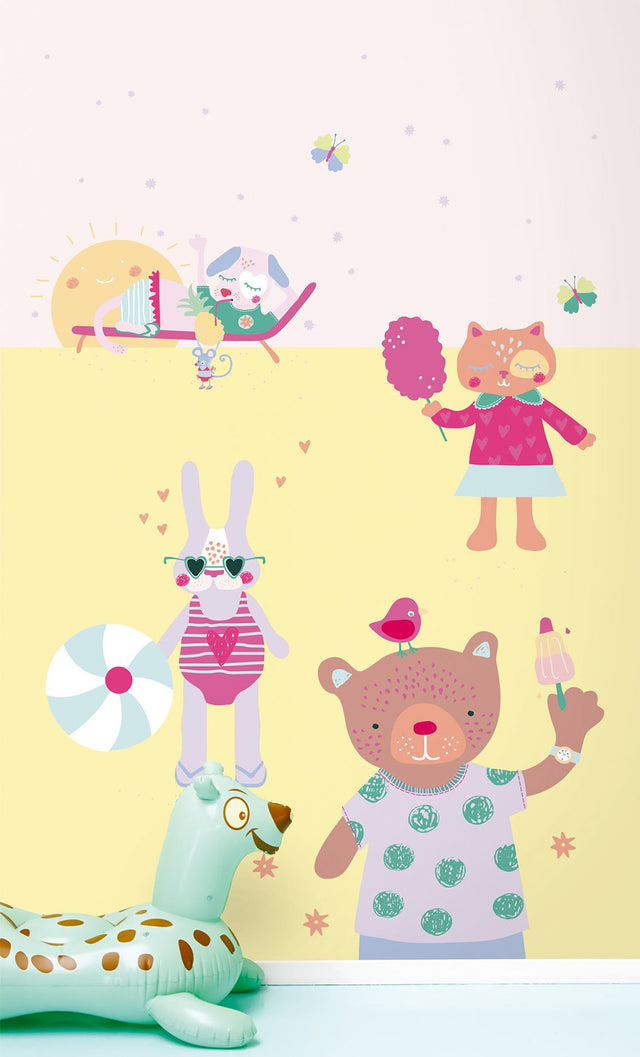 Girls On Holiday Pastel Yellow Kids Wall Mural with Cartoon Animal Beach Scene - Eijffinger EJ359171