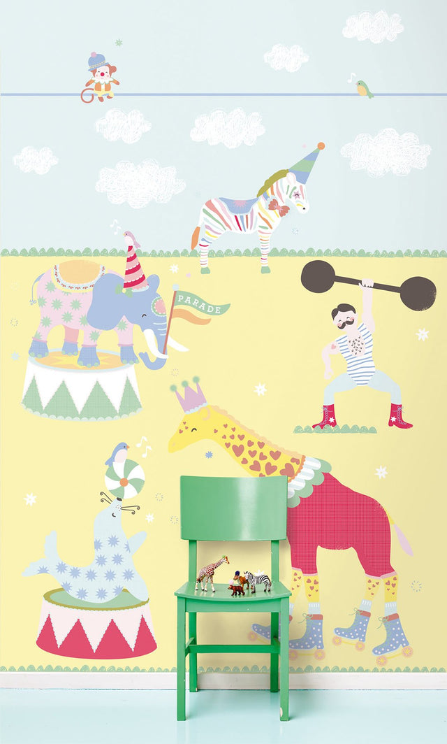The Circus In Town Yellow Kids Animals Wall Mural - Eijffinger EJ359173