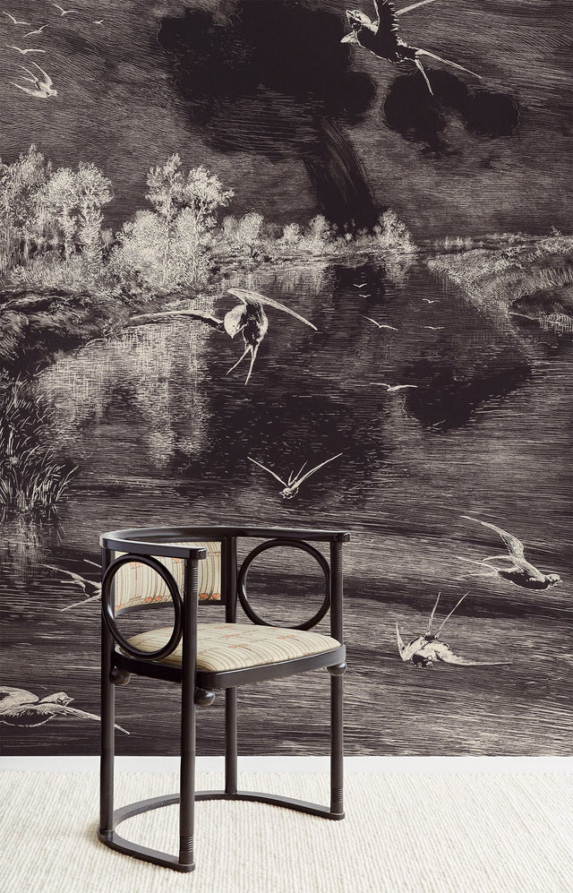 Hirundo Black Scenic Nature Wall Mural with Monochrome Birds over Lagoon - Eijffinger EJ366100