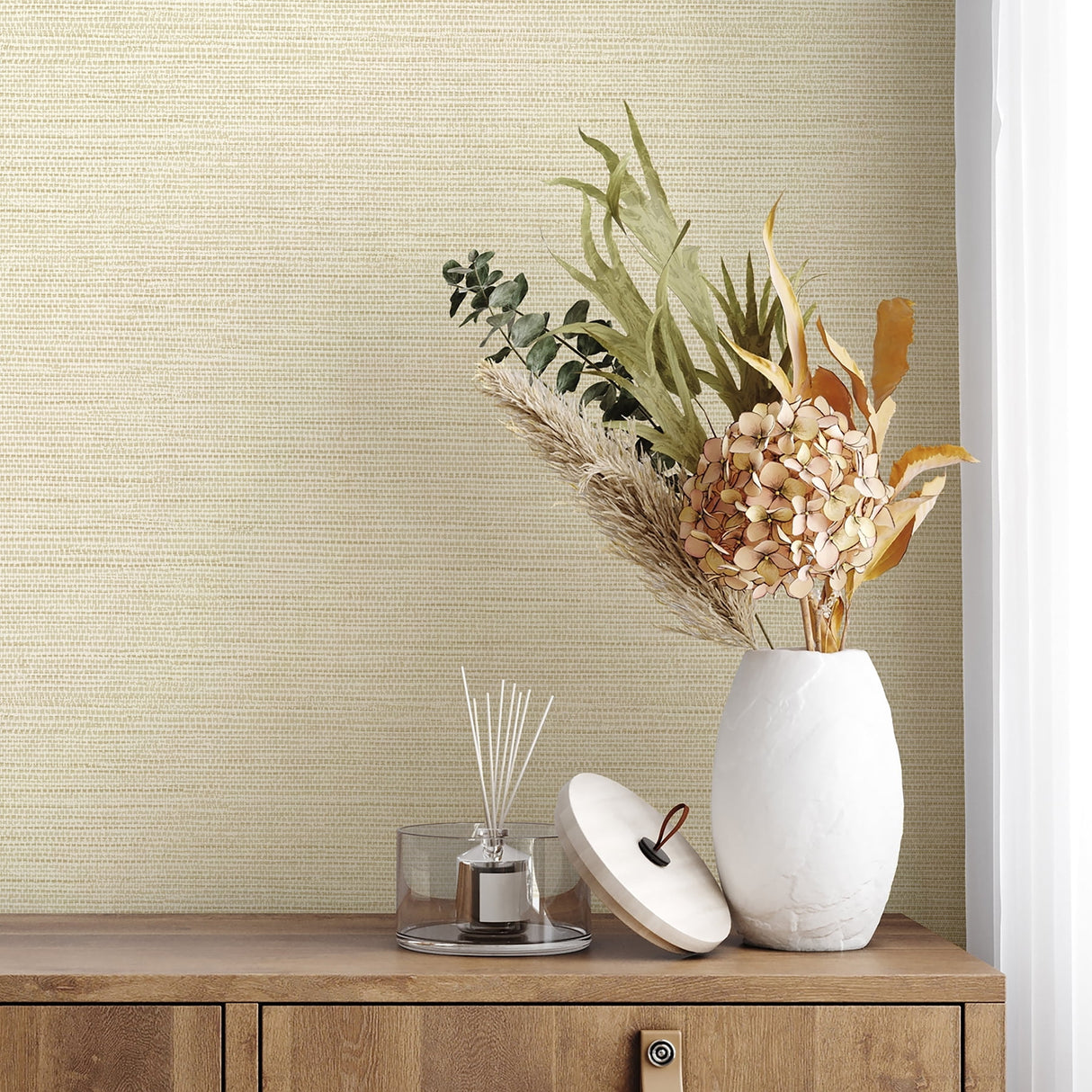 Miya Light Yellow by Fine Decor Faux Grasscloth Wallpaper – Brewster Home Fashions FD43790