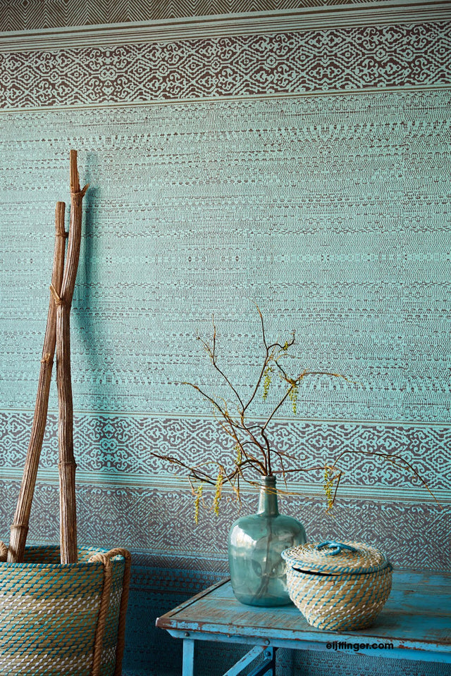 Turquoise Tapestry Turquoise Wallpaper Mural with Eclectic Graphic Pattern - Eijffinger EJ376090