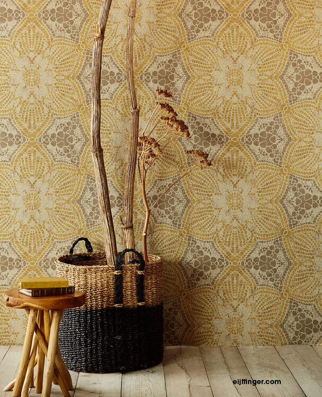 Boho Flower Ochre Wall Mural with Metallic Floral Medallion Pattern - Eijffinger EJ376095