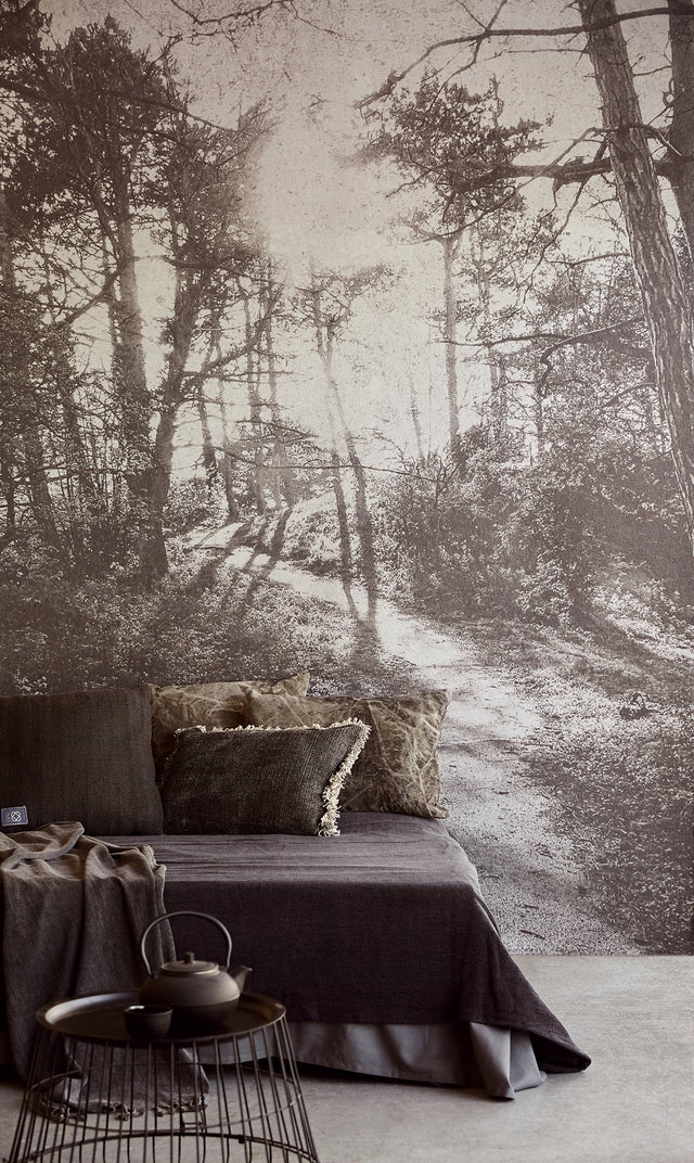 Into The Woods Black Wall Mural with Modern Graphic Forest Pattern - Eijffinger EJ379100