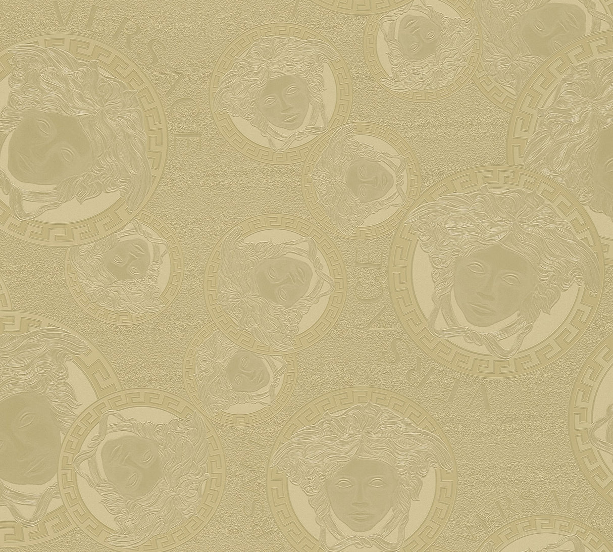Versace Gilded Age wallpaper in Sunlit gold with metallic Medusa medallions and Greek key motif.