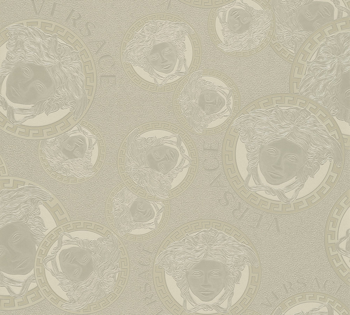 Metallic silver medallion wallpaper with classical portrait motifs and Versace lettering