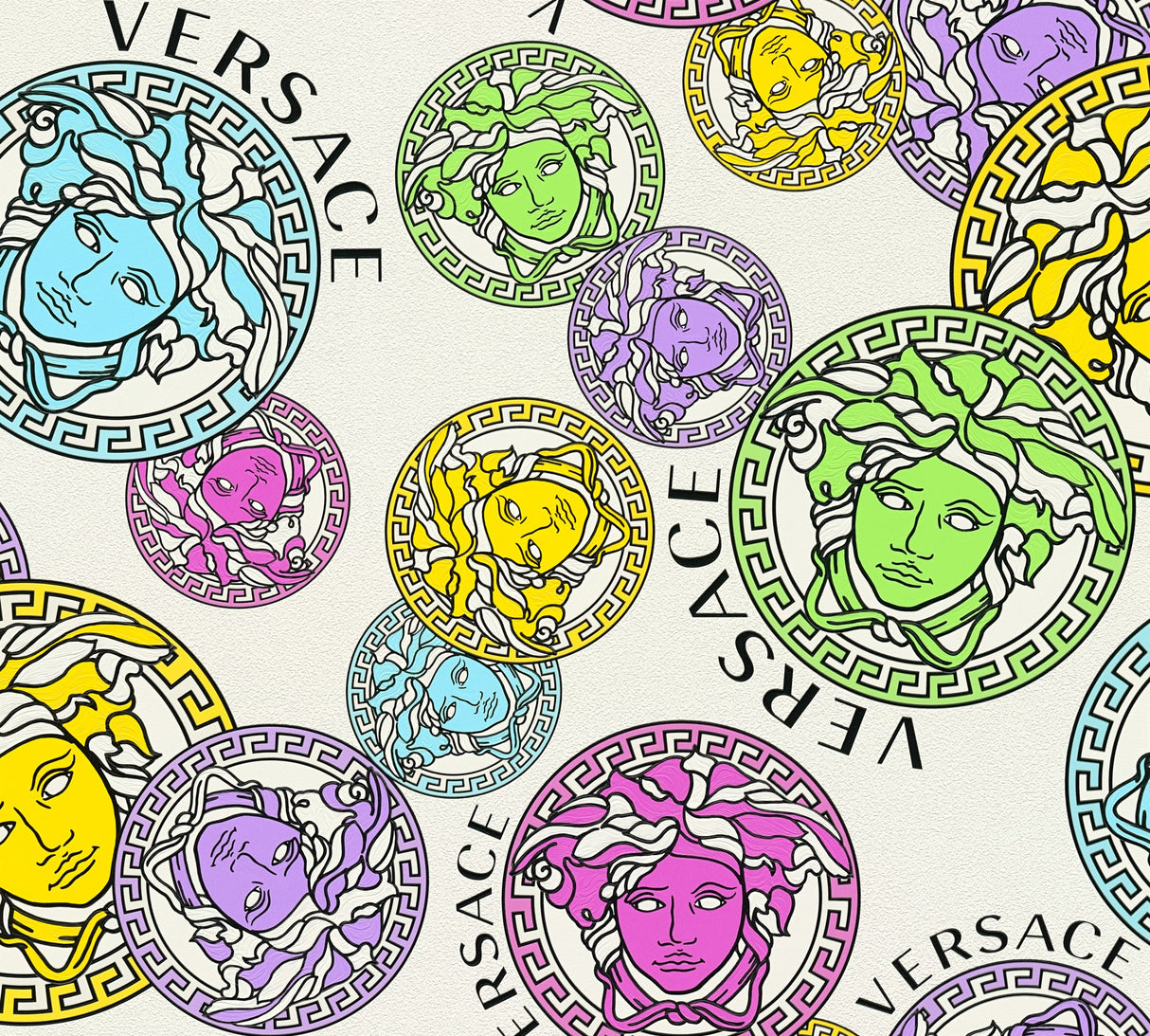 Versace Dynasty wallpaper in Confetti colorway featuring multicolor Medusa medallions on a light background