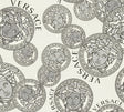 Versace Dynasty wallpaper in Snowbound with grey Medusa medallions and Versace lettering on an off-white satin vinyl ground.