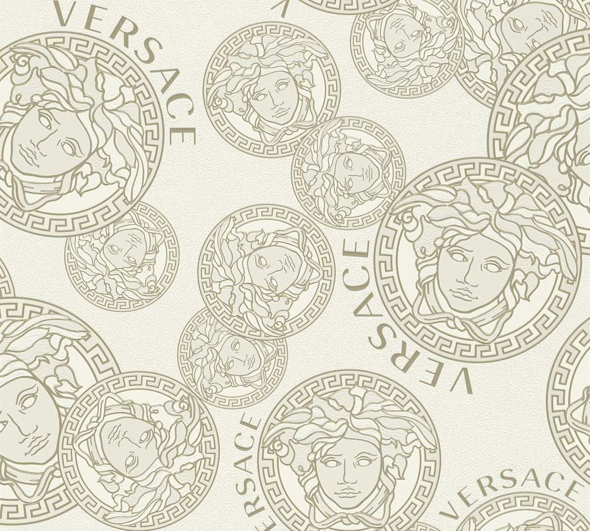 Versace Dynasty Cappuccino medallion sidewall wallpaper with tonal Greek key frames and satin finish