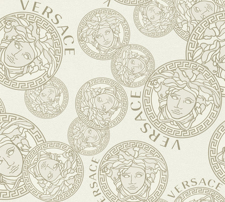 Versace Dynasty Cappuccino medallion sidewall wallpaper with tonal Greek key frames and satin finish
