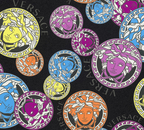Versace Dynasty wallpaper in Galaxy colorway featuring colorful Medusa-style medallions on a black textured ground.