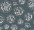 Versace Monarch wallpaper in Oceanic featuring Medusa head medallions with Greek key borders on a teal ground.