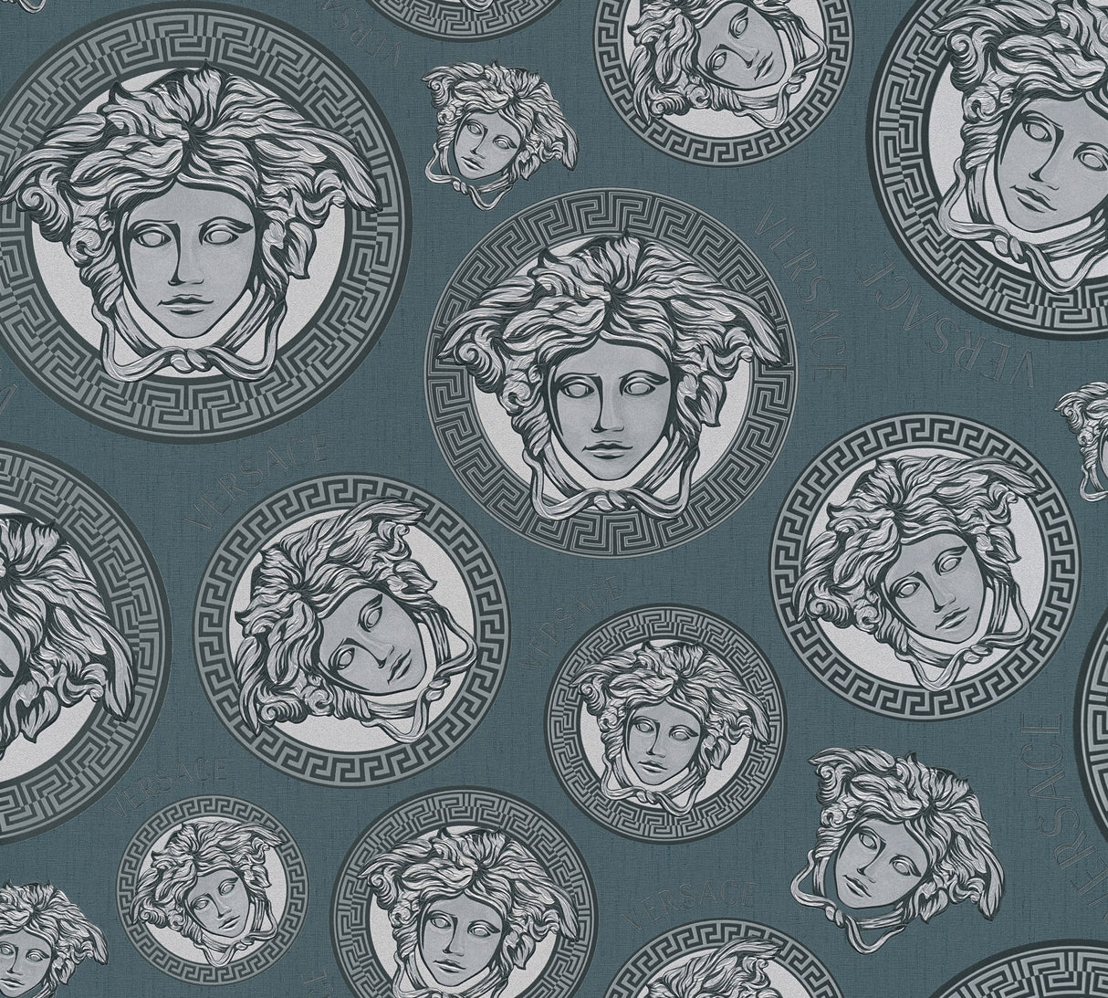 Versace Monarch wallpaper in Oceanic featuring Medusa head medallions with Greek key borders on a teal ground.