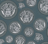 Versace Monarch wallpaper in Oceanic featuring Medusa head medallions with Greek key borders on a teal ground.