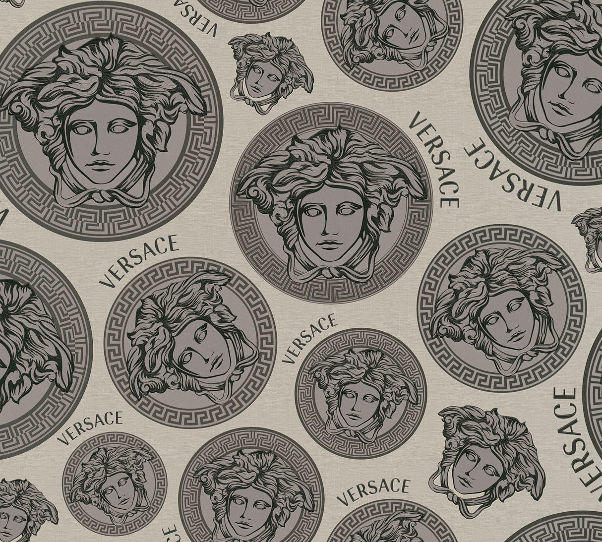 Versace Monarch greyscale Medusa medallion wallpaper with Greek key border motifs