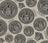 Versace Monarch greyscale Medusa medallion wallpaper with Greek key border motifs