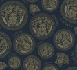 Versace Monarch wallpaper in Midnight Sky featuring Medusa medallion motifs with Greek key borders on a deep blue ground.