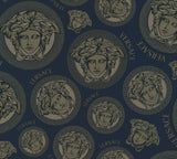 Versace Monarch wallpaper in Midnight Sky featuring Medusa medallion motifs with Greek key borders on a deep blue ground.