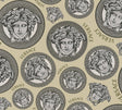 Versace Monarch Coconut medallion motif vinyl wallpaper in warm beige with black and metallic details