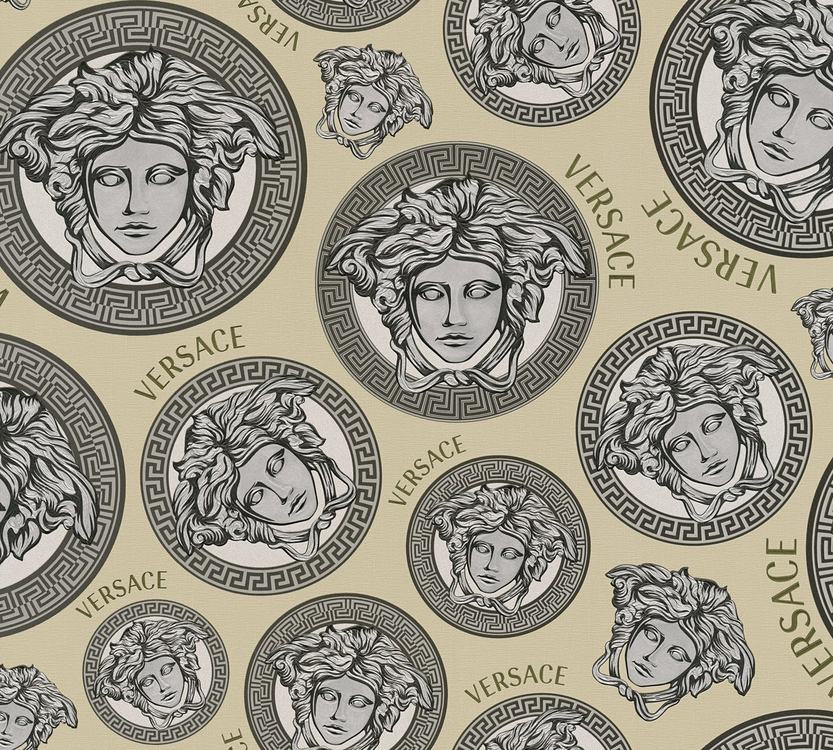 Versace Monarch Coconut medallion motif vinyl wallpaper in warm beige with black and metallic details