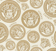 Versace Monarch wallpaper with gold foiled Medusa medallions on a cream background