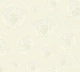 Versace Monarch wallpaper in Papyrus with embossed medallion motif and satin finish