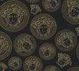 Versace Monarch wallpaper in Onyx with gold Medusa medallions and Greek key rings
