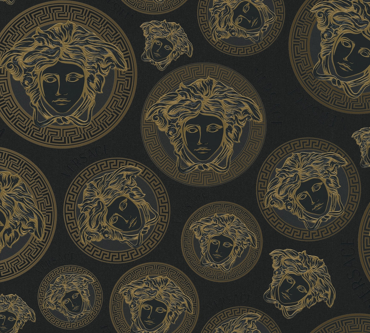 Versace Monarch wallpaper in Onyx with gold Medusa medallions and Greek key rings