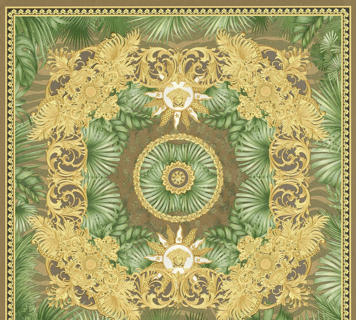 Versace Mirage wallpaper in Aurora featuring ornate gold medallions and tropical palm leaves