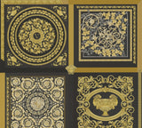 Reverie Honey Bee medallion wallpaper in black and gold with ornate framed motifs
