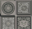 Versace Reverie medallion panel wallpaper in heather grey with ornate classical motifs.