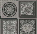 Versace Reverie medallion panel wallpaper in heather grey with ornate classical motifs.