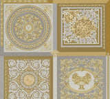 Ornate gold medallion and classical motif wallpaper in a panelled layout with metallic accents