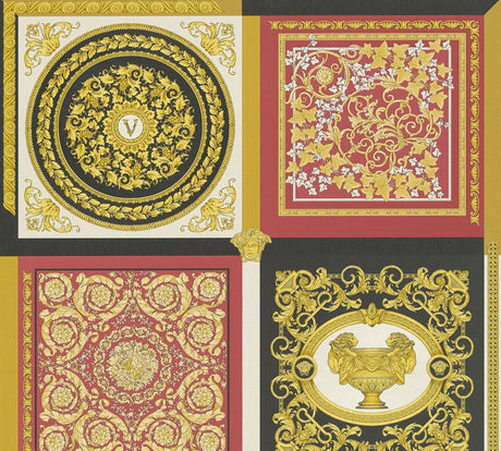 Versace Reverie crimson baroque medallion panel vinyl wallpaper with ornate gold detailing