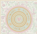 Versace Ember Petal medallion floral wallpaper in pastel mint, pink, and gold
