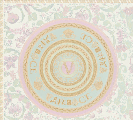 Versace Ember Petal medallion floral wallpaper in pastel mint, pink, and gold