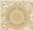 Versace Ember Marigold medallion wallpaper with ornate gold florals and Greek key border on a light ground.