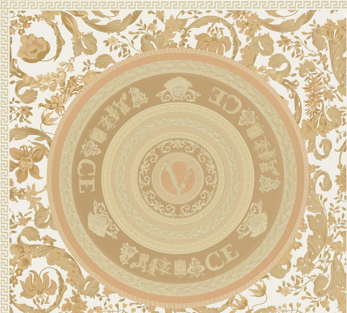 Versace Ember Marigold medallion wallpaper with ornate gold florals and Greek key border on a light ground.