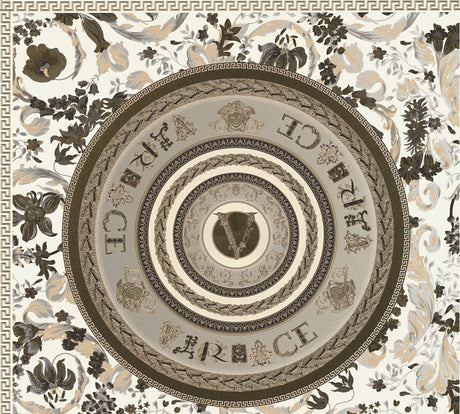 Versace Ember Shale metallic medallion wallpaper with ornate floral and Greek key detailing