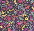 Versace Empress Prism floral scroll wallpaper with multicolor blossoms on a black ground, satin finish.