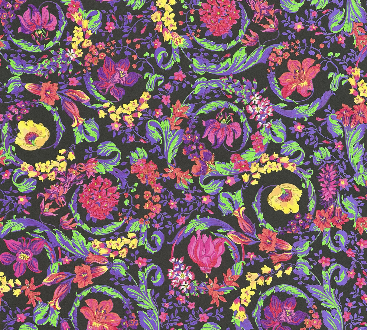Versace Empress Prism floral scroll wallpaper with multicolor blossoms on a black ground, satin finish.