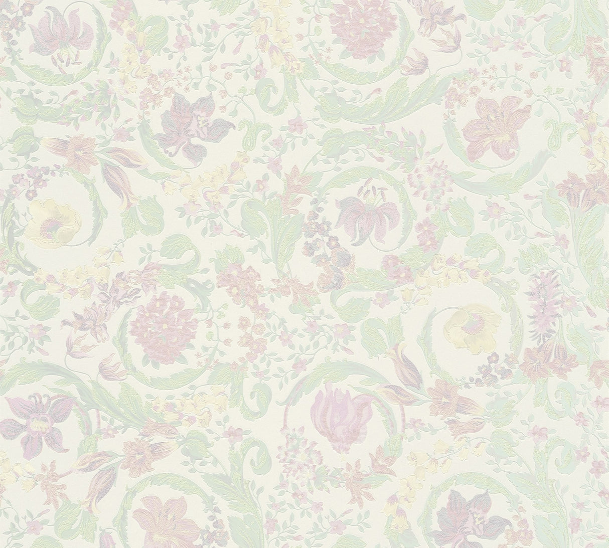 Versace Empress Dusty Rose floral wallpaper with pastel flowers and scrolling vines on a satin vinyl ground
