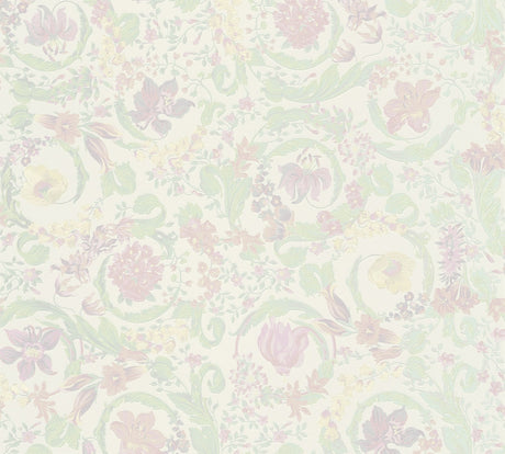 Versace Empress Dusty Rose floral wallpaper with pastel flowers and scrolling vines on a satin vinyl ground