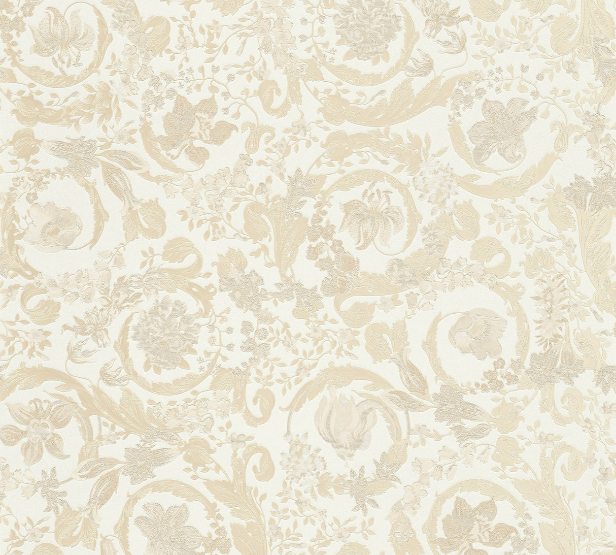 Versace Empress wallpaper in Butterscotch with an elegant floral scroll motif on an off-white ground