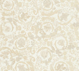 Versace Empress wallpaper in Butterscotch with an elegant floral scroll motif on an off-white ground