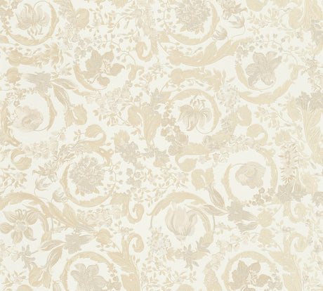 Versace Empress wallpaper in Butterscotch with an elegant floral scroll motif on an off-white ground