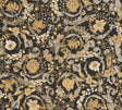 Versace Empress floral wallpaper in Honey Bee with gold and metallic accents on a black background.