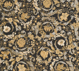 Versace Empress floral wallpaper in Honey Bee with gold and metallic accents on a black background.