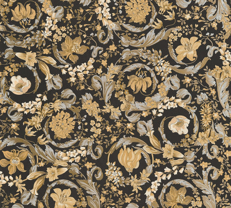 Versace Empress floral wallpaper in Honey Bee with gold and metallic accents on a black background.